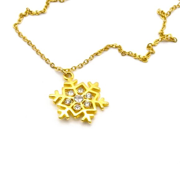 Vintage Snowflake Pendant Necklace on Gold Tone Chain, Gold Tone Choker with Spa - Picture 5 of 6